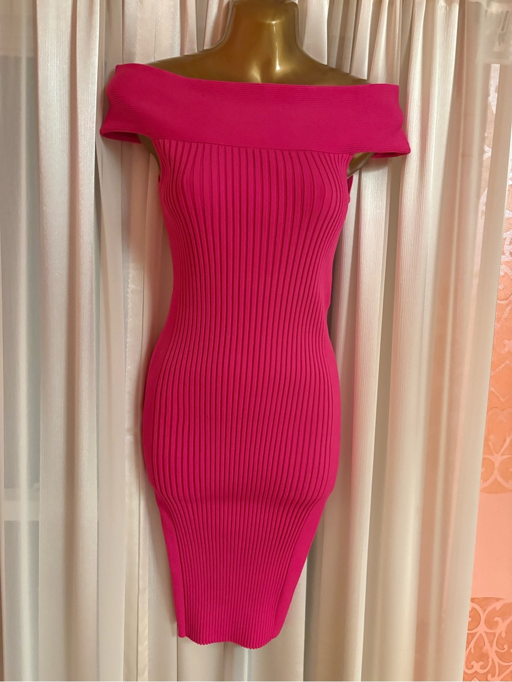 Ted Baker Off Shoulder Ribbed Bodycon Dress - Hot Pink